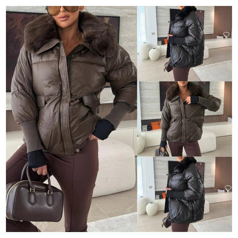 LIVANNA / CHAQUETA ACOLCHADA ENTALLADA CON CUELLO DE PELO Y CINTURÓN AJUSTABLE