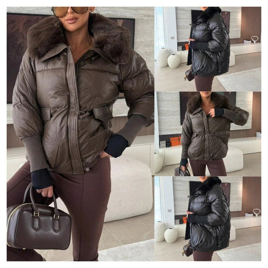 LIVANNA / CHAQUETA ACOLCHADA ENTALLADA CON CUELLO DE PELO Y CINTURÓN AJUSTABLE