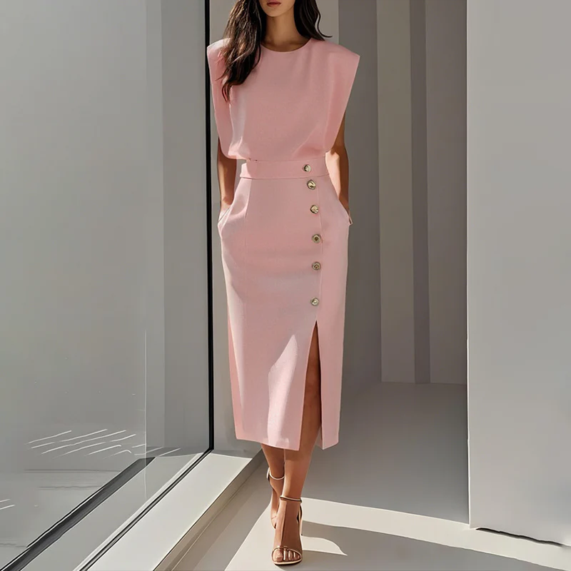 SIRENA / VESTIDO ELEGANTE CON ABERTURA LATERAL Y BOTONES DECORATIVOS