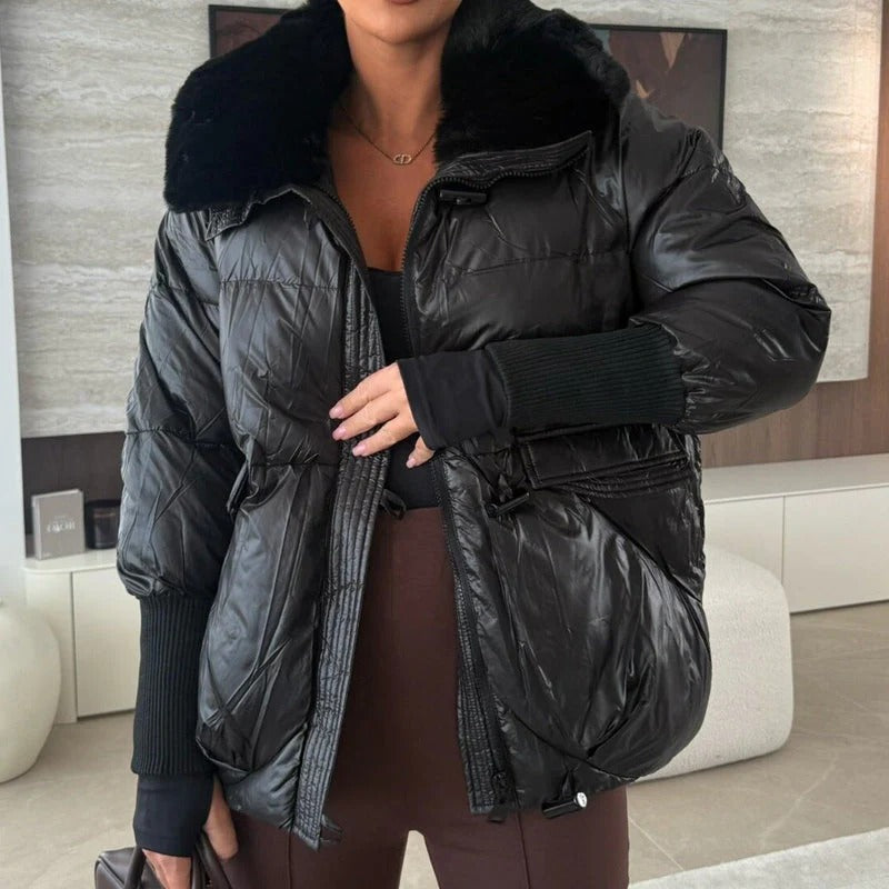 LIVANNA / CHAQUETA ACOLCHADA ENTALLADA CON CUELLO DE PELO Y CINTURÓN AJUSTABLE