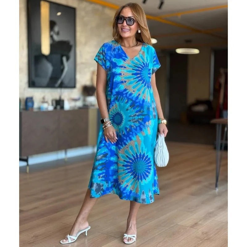 CALYPSA / VESTIDO LARGO ESTAMPADO CON ESCOTE EN V Y CORTE RELAJADO