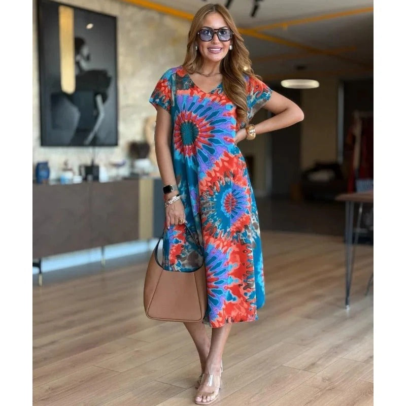 CALYPSA / VESTIDO LARGO ESTAMPADO CON ESCOTE EN V Y CORTE RELAJADO