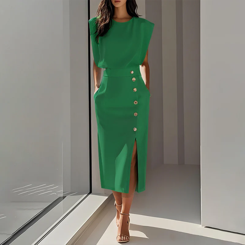 SIRENA / VESTIDO ELEGANTE CON ABERTURA LATERAL Y BOTONES DECORATIVOS