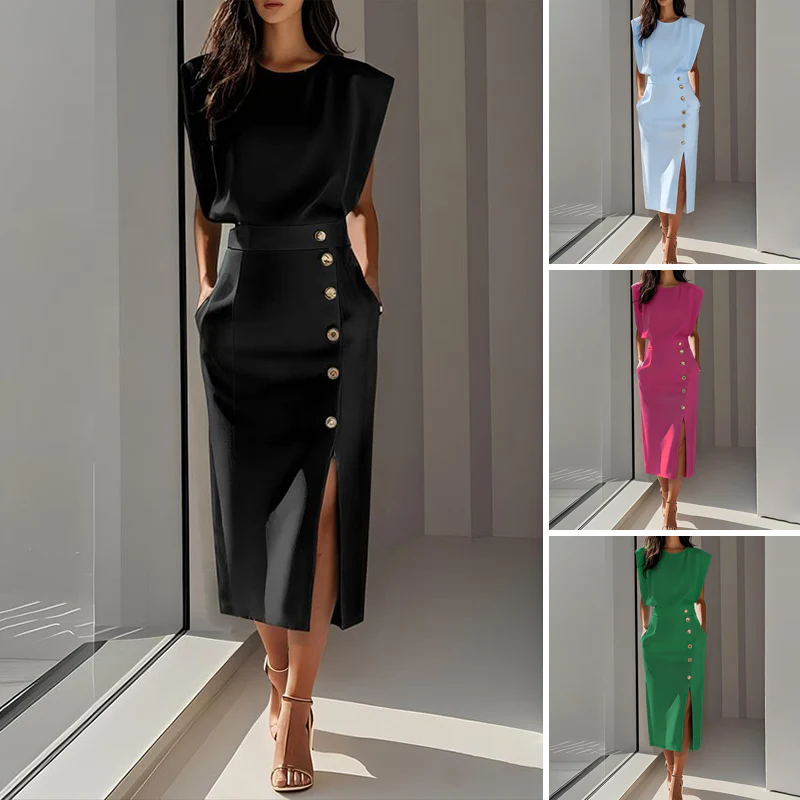 SIRENA / VESTIDO ELEGANTE CON ABERTURA LATERAL Y BOTONES DECORATIVOS