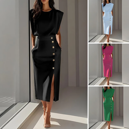 SIRENA / VESTIDO ELEGANTE CON ABERTURA LATERAL Y BOTONES DECORATIVOS